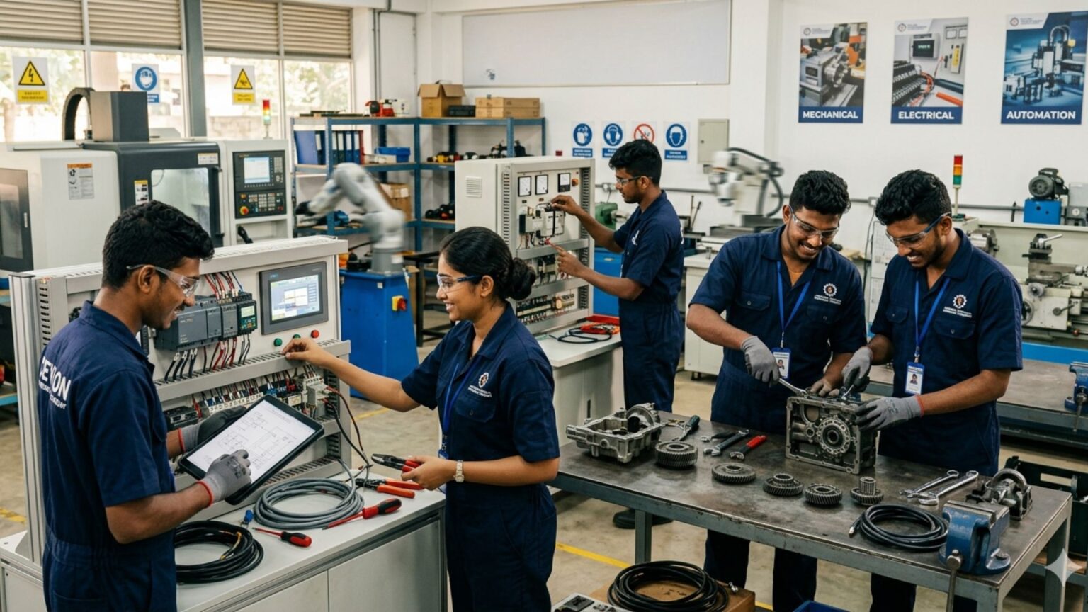 Students working on industrial automation equipment